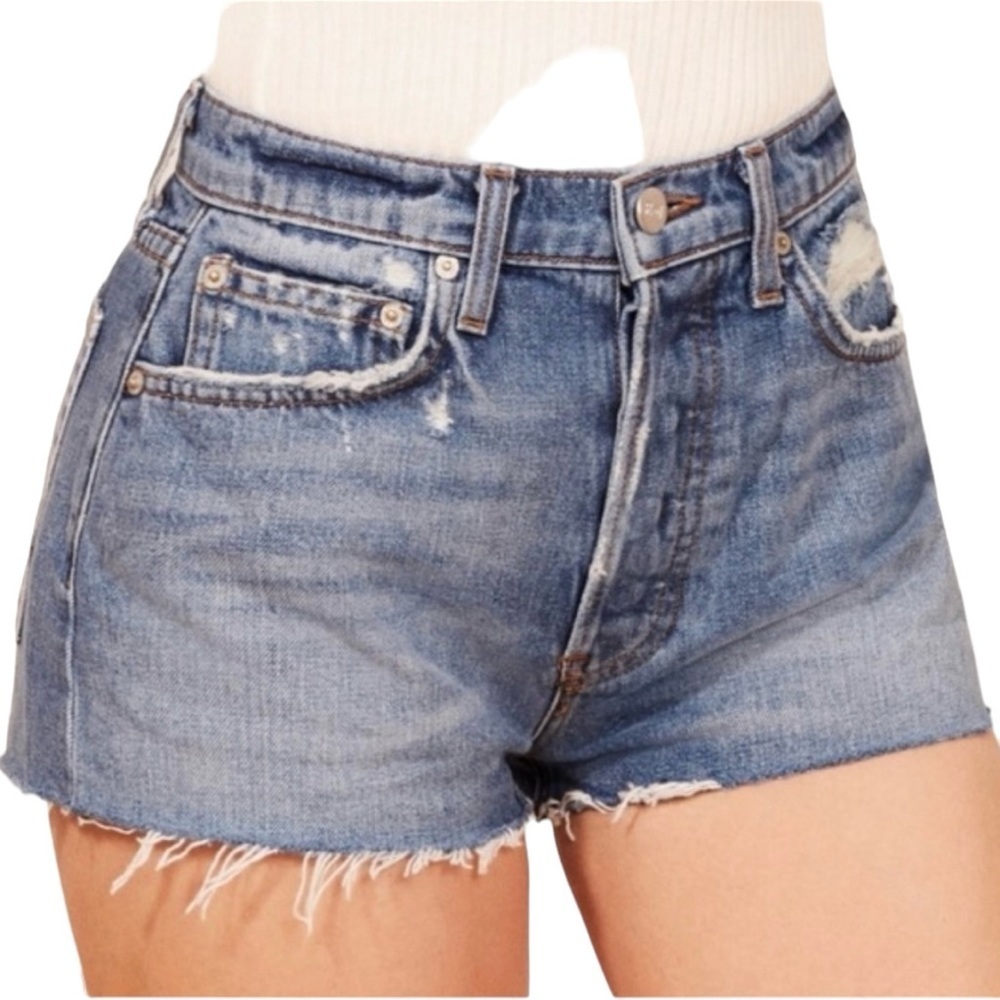 Reformation Dixie Short Blue Unfinished Hem Button Up Shorts size 30